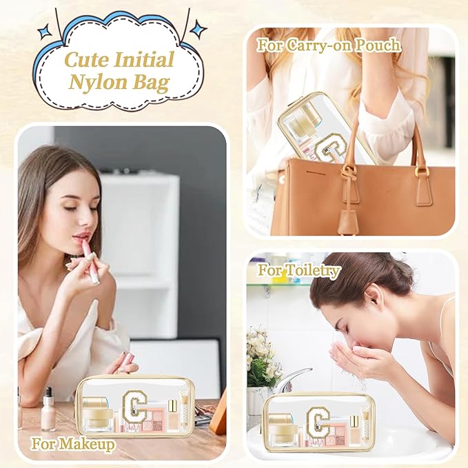 Small Clear Personalized Initial Makeup Bag,Nylon Preppy A-Z Chenille Letter Patch Cosmetic Pouch Beach Toiletry Bag,Waterproof Zipper Travel Purse Storage Bag Organizer for Women Girls(Beige-White C)