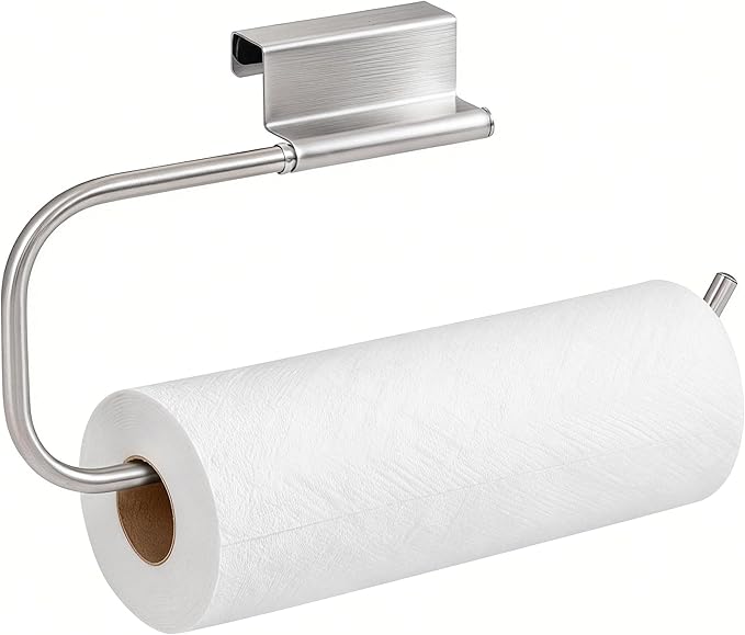 Over Cabinet Door Paper Towel Holder for Kitchen Cabinet Brushed Stainless Steel, Under Sink No Drilling Roll Dispenser for RV