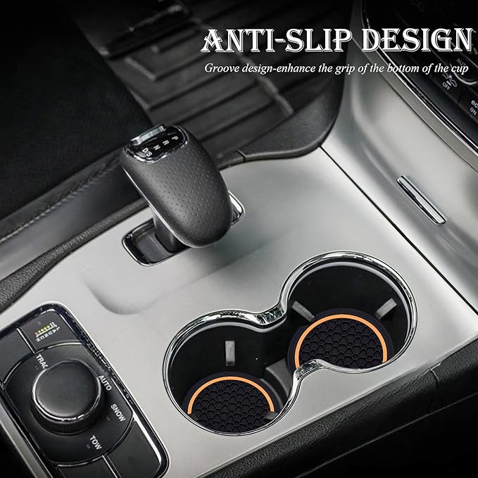 4-Piece Anti-Slip Car Cup Coaster Set – 2.75 Inch Auto Insert Drink Mats, Perfect for Coffee & Beverages – Stylish Interior Decor for Women & Girls (Black & Orange)