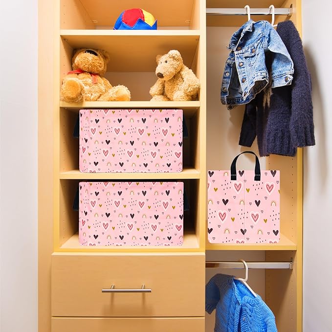 Rec Pink Heart Print Box Hamper Storage Basket Collapsible Organizer Bin Gift Shelf Baskets for Home and Kitchen Storage