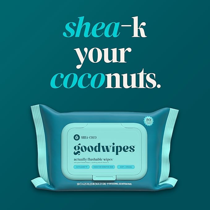 goodwipes Flushable Wipes - Shea-Coco Wet Wipes for Adults, Sewer & Septic Safe, Guest Bathroom Essentials for Women & Men, pH Balanced & Extra Large, 153 Count (3 Packs and 3 Singles)