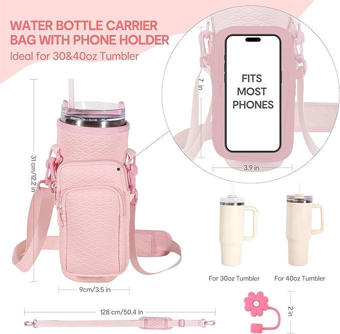 &And Per Se Water Bottle Shoulder Bag for Women, Neoprene Carrier with Phone Pocket & Pink Charm, Adjustable Crossbody Strap Fits Stanley 30oz Tumblers, Gift for Her (Pink)