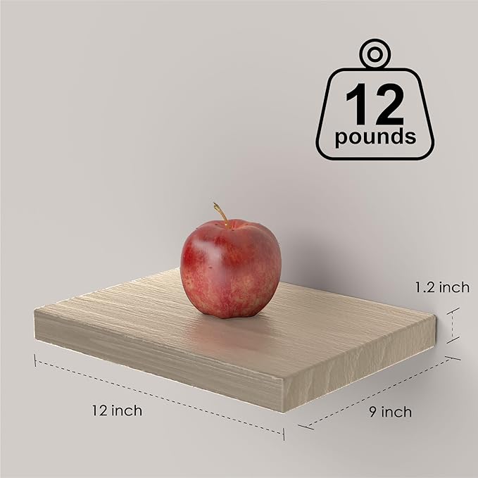 Small Floating Shelves for Wall - 12 x 9 Inch Natural Wood Shelves for Bedroom, Living Room, Bathroom, Kitchen, Office Decor Set of 3