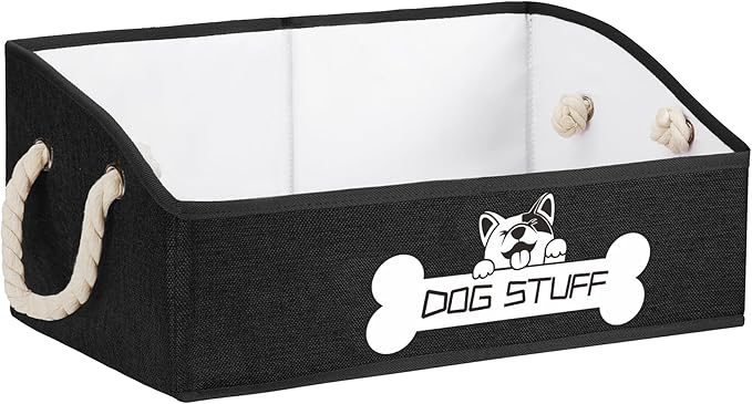 Collapsible Fabric Dog Toy Box and Storage Bin With Handle - Trapezoid Basket Chest Organizer for Pet Toys, Blankets and Accessories, Black