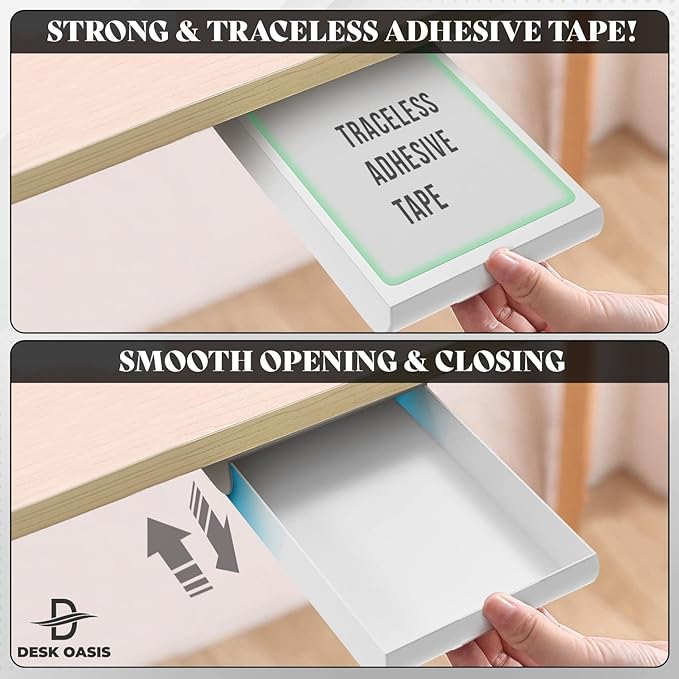 2 Pack Under Desk Drawer Organizer, Slide Out Storage for Pens, Cables & Office Accessories with Self Adhesive, No Drill Installation, Hidden Desk Storage for Office and Home