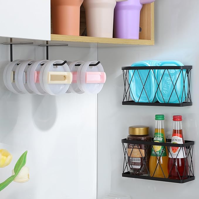 YIGII Adhesive Cabinet Door Organizer, 4 Pack Lid Organizers Inside Cabinet Food Container/Tumbler Lid Organizer and Storage Cup Lids Holder for Kitchen