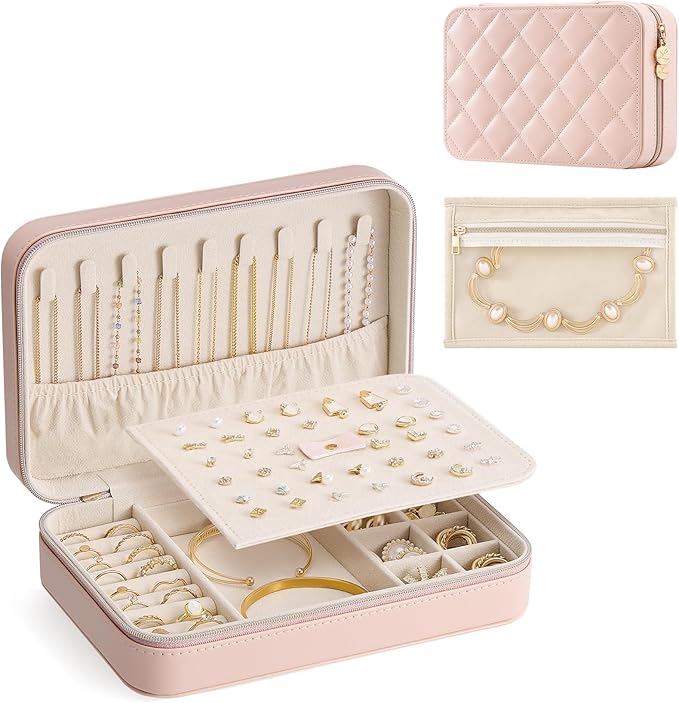 Lolalet Travel Jewelry Case for Women Girls, Travel Jewelry Organizer with Clear Storage Bag Small Portable Jewelry Box for Necklace Bracelet Earring Ring Valentine's Bridesmaid Gifts -Large/Pink