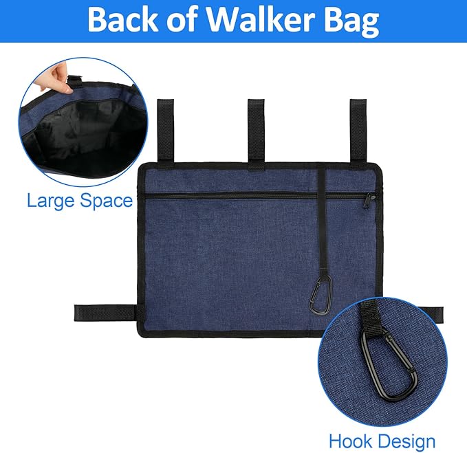 Walker Bag Basket with Cup Holder for Folding Walker Accessories for Seniors Elderly, Handicap, Foldable & Water Resistant Walker Storage Bags with Big Capacity - Dark Blue