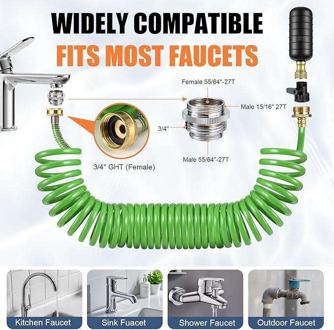 3 Pcs Drain Bladder Kit, Drain Cleaning Bladder Fits 1" to 6" Pipes, with 10 ft Retractable Hose, Shut-Off Valve & Brass Faucet Adapter Fits Most Faucets– For Sinks, Showers, Pools & Drains (Green)