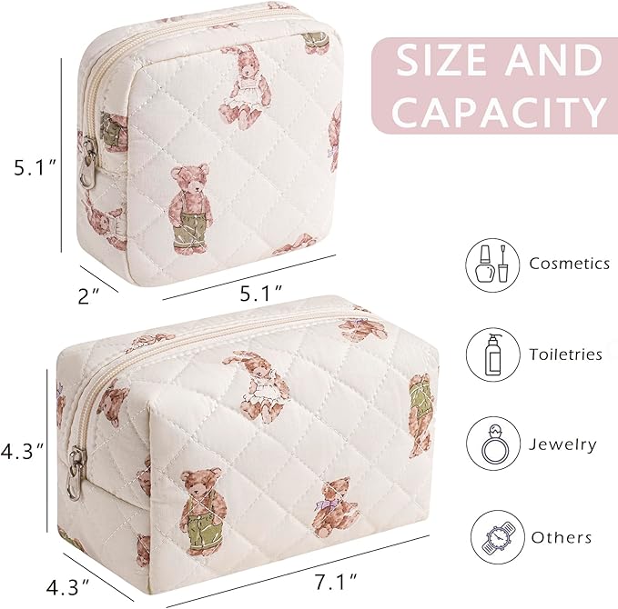 uekeboag 2pcs Small Quilted Cotton Makeup Bag for Purse, Cosmetic Bag with Compartments, Cotton Aesthetic Makeup Bag, Travel Toiletry Pouch, Lipstick Bag Card Holder Data Cable Organizer (Bear Set)