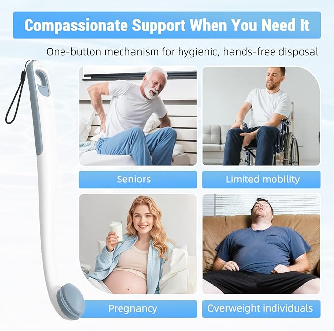 Toilet Aids for Wiping Bottom, 16.5" Long Reach Comfort Wipe - Butt Wiper Tool with Replaceable Head & Wrist Strap - Bottom Buddy Wiping Aid for Elderly, Disabled, Overweight, Post-Surgery