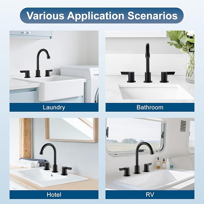 Cinwiny Bathroom Sink Faucet 3 Hole, 8 Inch Widespread Bathroom Sink Faucet with 2 Handles, Pop-up Drain & Hair Catcher Included for Vanity RV Farmhouse Sink, Matte Black