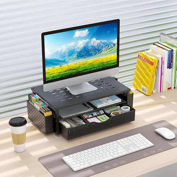 gianotter Desk Organizers and Accessories, Monitor Stand with Drawer and 2 Pen Holder, Desktop Organizer Suitable for Offices and Dormitories (Black)