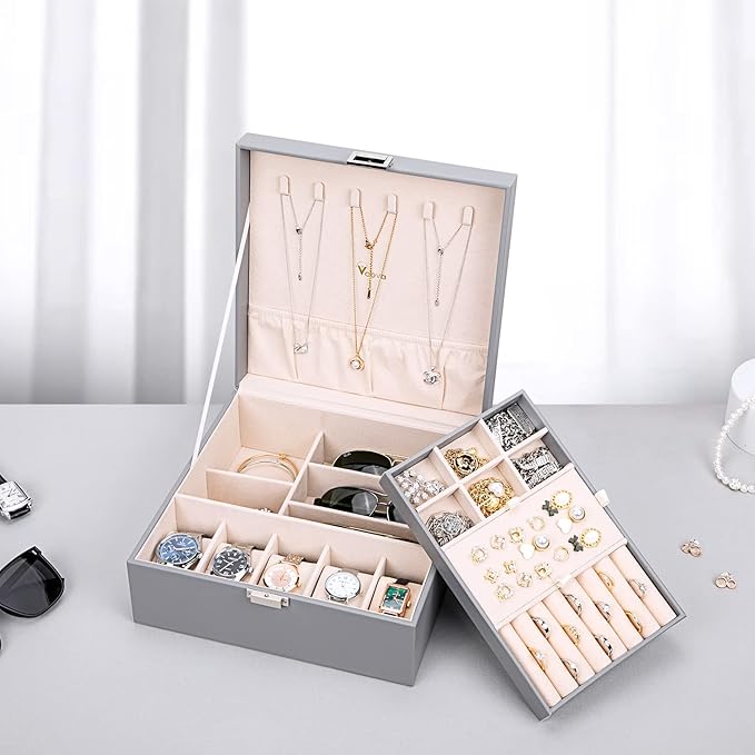 Voova Jewelry Box Organizer for Men Women, 2 Layer 5 Slot Watch Storage Case with Removable Tray, PU Leather Large Jewellery Holder Display for Watches Sunglasses Rings Earrings Necklace, Grey