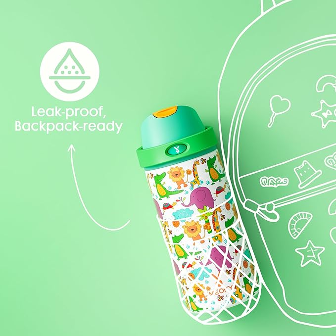 18 oz Kids Water Bottle for School: Meoky 18 oz Stainless Steel Insulated Water Bottle with 2-in-1 Straw and Spout Lid - Leak Proof, Fits in Car Cup Holder, BPA-Free for Teens Boys Girls, Wild Animals