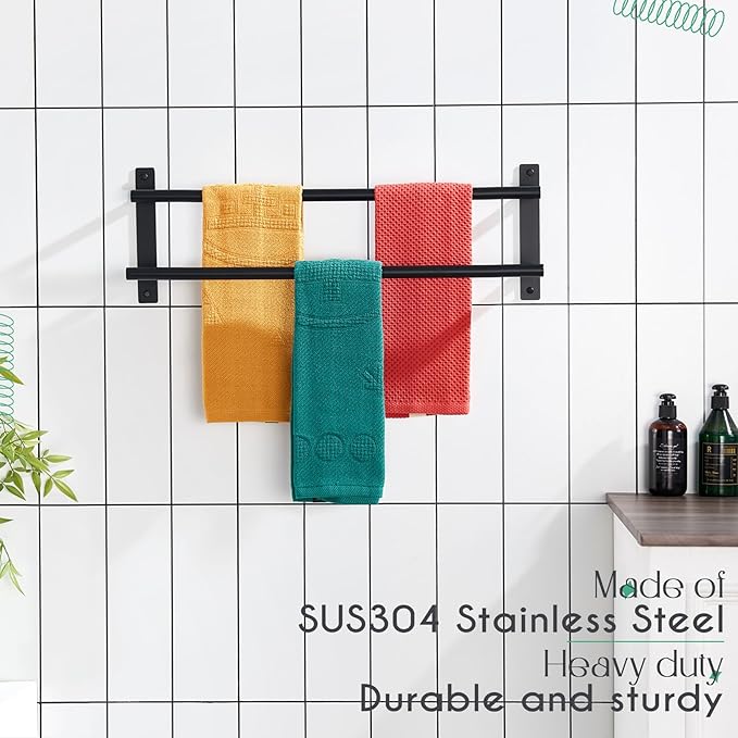 KOKOSIRI 24 Inch Double Towel Bar Bath Towel Racks Bathroom Towel Holder Towel Rails Towel Storage Towel Shelf Wall Mounted Stainless Steel Matte Black B5010BK-L24