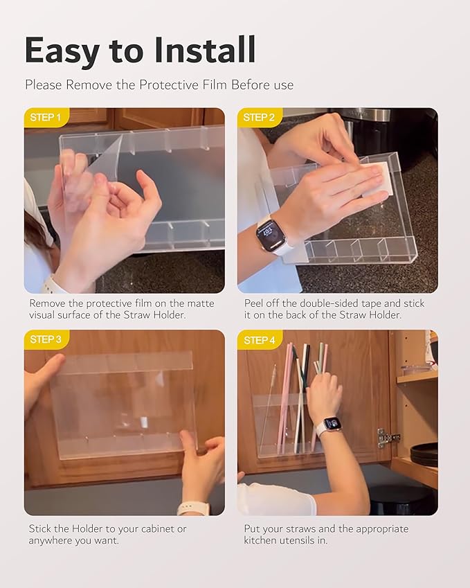 Acrylic Straw Holder & Organizer - Compact, Adhesive Tape Included for Easy Installation - Perfect for Countertops, Cabinets, or Kitchen Storage (Black-5 Compartments)