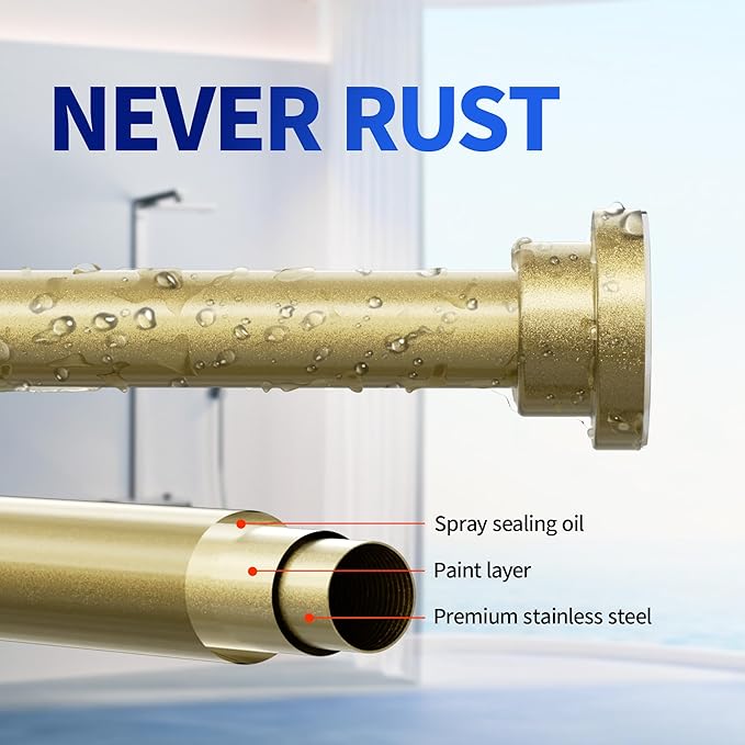 Mcrbeay Shower Curtain Rod, 1" Diameter Heavy Duty Tension Shower Rod, Non Slip Adjustable 28-74 inch No Drilling Shower Curtain Rods Spring Tension For Bathroom, Shower Stall, No Rust, Chrome Gold