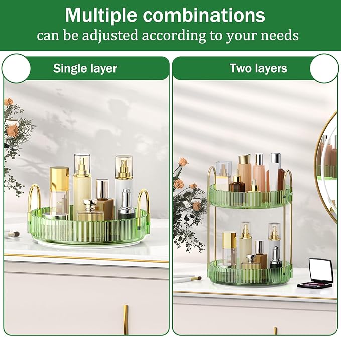 MOKANI 360 Rotating Makeup Organizer for Vanity, 2 Tier Adjustable Perfume Organizer for Dresser, Multi-Function Spinning Cosmetics Skincare Storage for Bedroom, Dresser, Countertop, Green