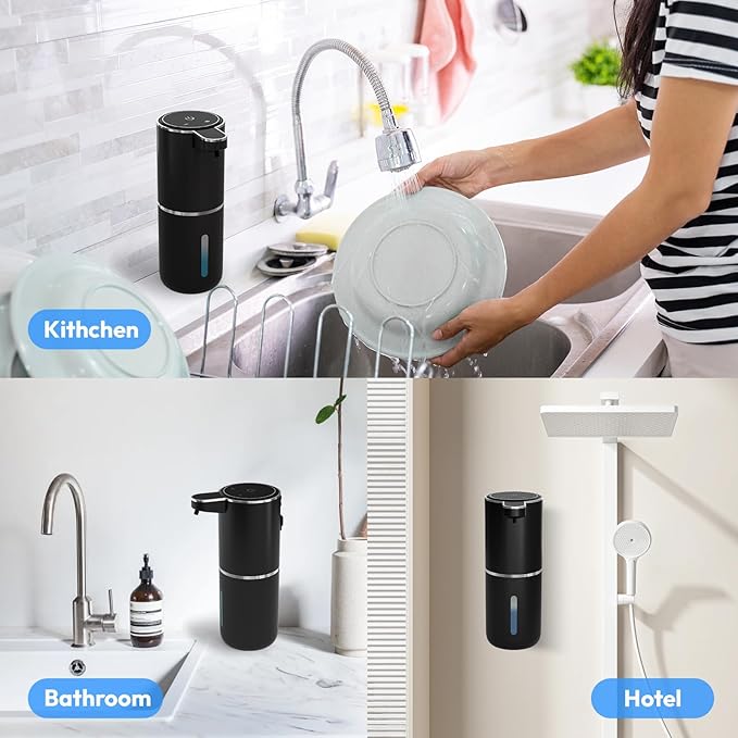 2 Pack Automatic Foaming Soap Dispenser,Touchless Foam Soap Dispenser,12.8oz Rechargeable Wall Mounted Smart for Bathroom and Kitchen Dish Soap,Easy for Toddlers(Black)