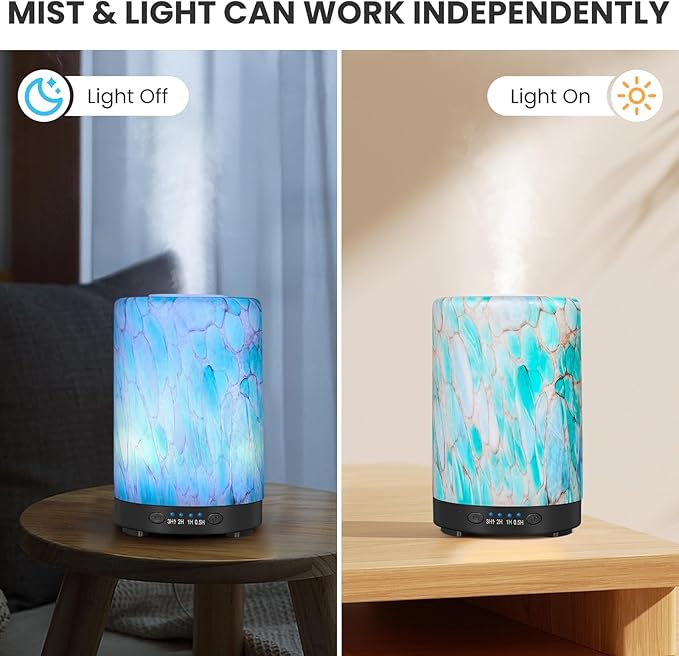 Essential Oil Diffuser, 120 ml Glass Aromatherapy Diffuser with 7 Color Lights, Auto Shut-Off and 4 Timer Settings, Ultrasonic Cool Mist Diffuser for Home Room Office (Blue Mountain)