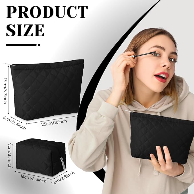 2 Pcs Pencil Case Quilted Makeup Bag Aesthetic Cosmetic Pouch for Women Puffer Travel Toiletry Bag Set Cotton Small Purse Pouch Makeup Organizer with Zipper(Black)
