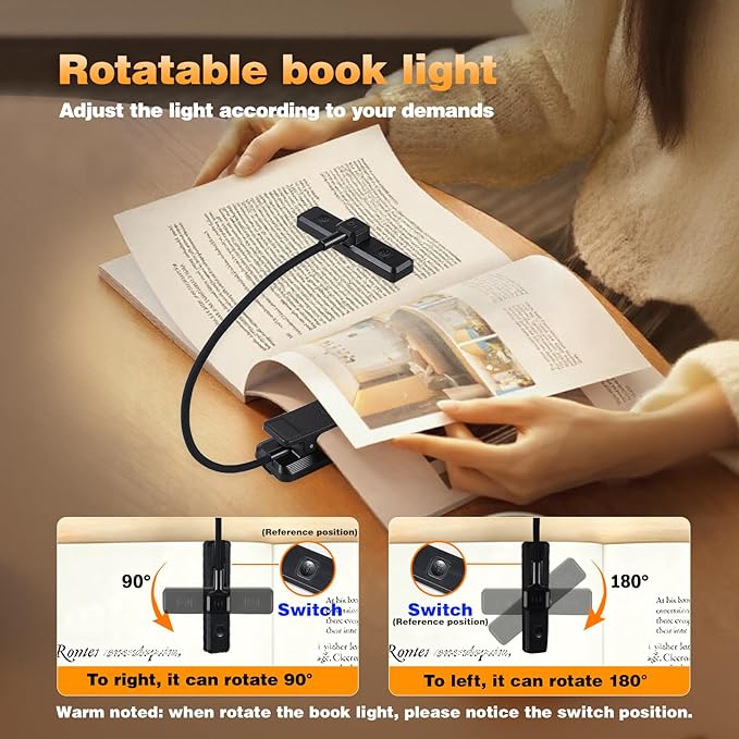 VAVOFO Rechargeable Book Light Rotatable：24 LEDs Reading Light, 3-Color & 9-Brightness Book Lamp, Eye Cared 120Hrs Runtime Lightweight Clip on Led Light for Book Lovers (Black)