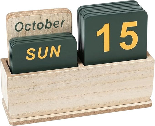 Wooden Block Perpetual Calendar for Desk, Daily Desktop Standing Flip Calendar with Large Display, Modern Farmhouse Aesthetic Desk Accessory for Home Office Decor, Reusable Yearly, Wood Grain