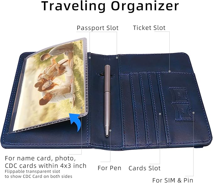 WALNEW Passport Holder for Travel, RFID Passport Cover Wallet for Women Men, PU Leather Passport Book Case with Pen Holder and Clear Photo Slot, Navy Blue
