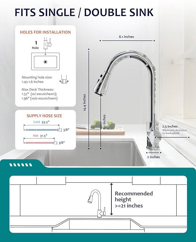 Chrome Kitchen Sink Faucet, Kitchen Faucet with Pull Down Sprayer VFAUOSIT Commercial Stainless Steel Laundry Single Handle Faucet for Kitchen Sink Chrome, Grifo para Fregaderos de Cocina