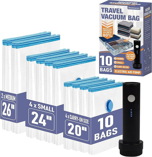 10 Pack Travel Vacuum Storage Bags with Rechargeable Wireless Electric Pump, Travel Packing Bags for Luggage and Suitcase, Carry-on Size Compression Space Saver for Clothes and Clothing