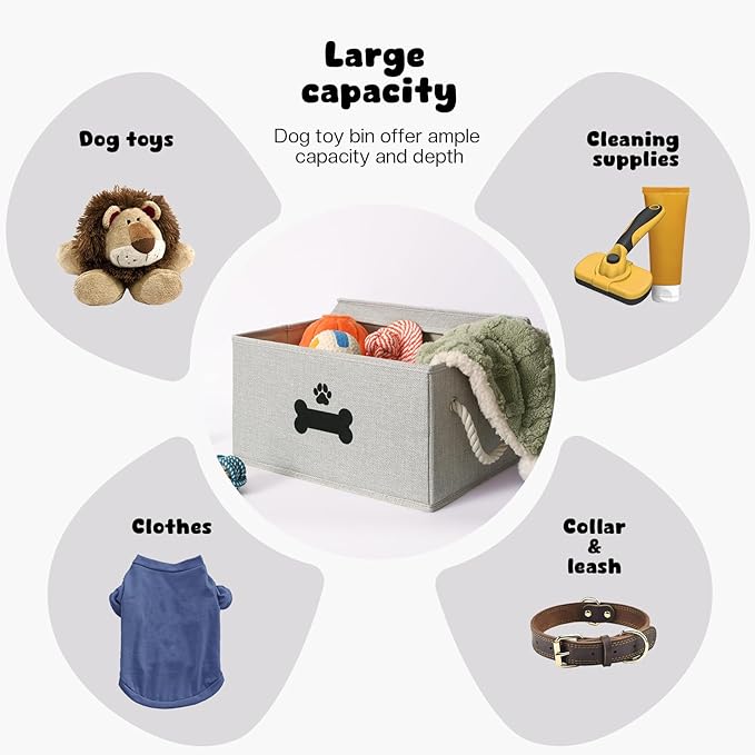 Dog Toy Basket with Lid, Dog Basket for Toys, Dogs Toy Box with Cotton Rope Handles, Collapsible Storage Bins for Pet Toys, Dogs Storage Organizer, Gray