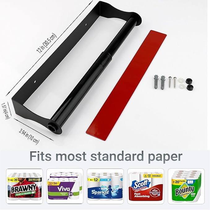 Paper Towel Holder, Black Stainless Steel Under Cabinet Wall Mount, Self-Adhesive Kitchen Roll Rack, Heavy-Duty Organization Storage