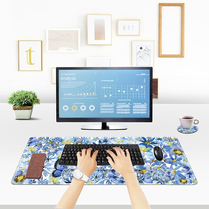 ToLuLu Desk Mat, Gaming Mouse Pad Wrist Support 4 in1 Set, XXL Large Mouse Pad + Keyboard Wrist Rest + Memory Foam Cushion Mouse Wrist Rest for Pain Relieve + Coaster Computer, Butterfly Loves Flower