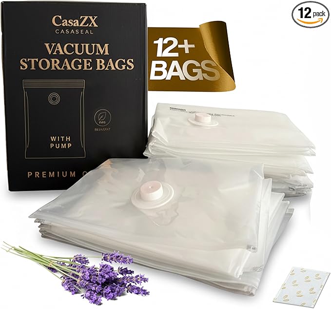 Vacuum Storage Bags 12 Pack Without Hand Pump – Space Saver Compression Bags, Airtight Double-Zip & Triple Valve, Reusable, Lavender Freshness, Bedding, Travel (S/M/L/Jumbo) (Without Pump)