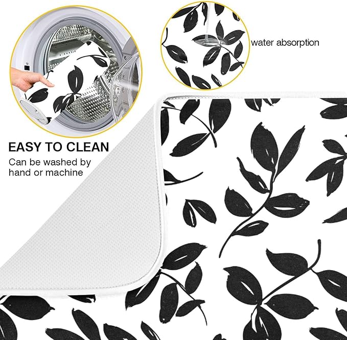 Eucalyptus Leaves Dish Drying Mat for Kitchen Countertop 18x24 Black White Floral Leaf Large Drying Mat Reusable Quick Dry Dish Sink Absorbent Mats Dishwasher Easy Clean Decorative Home Essentials