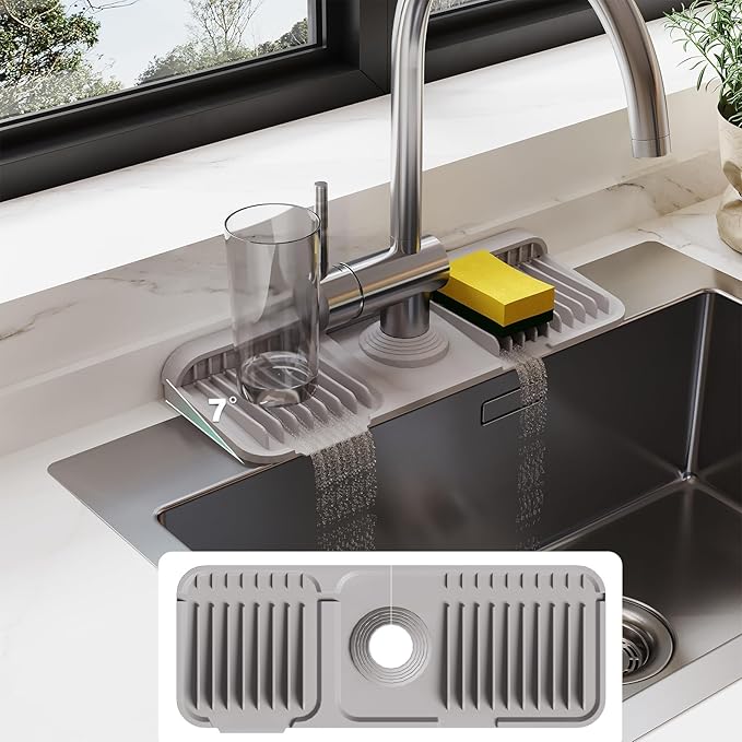 14.6 Inch Silicone Faucet Mat for Kitchen Sink Splash Guard - 7° Slope Water Draining Mat With Fasten Button for Bathroom Area (Gray, 14.6''x5.5'')