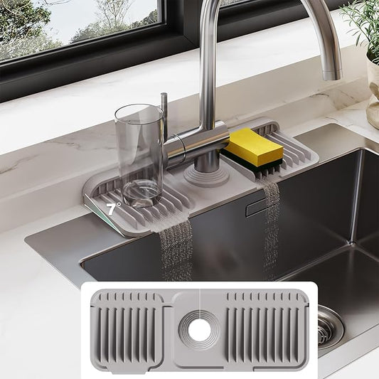 14.6 Inch Silicone Faucet Mat for Kitchen Sink Splash Guard - 7° Slope Water Draining Mat With Fasten Button for Bathroom Area (Gray, 14.6''x5.5'')