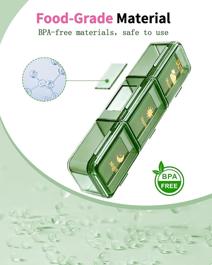 Weekly Pill Organizer 3X a Day, Large 7 Day Pill Box 3 Times a Day with 7 Compartments, Portable Travel Daily Pill Box for Medication, Vitamins, Fish Oil and Supplements, Green