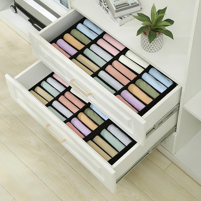 Qozary 3 Pack Sock Underwear Drawer Organizer Dividers, Non-Woven Fabric Collapsible Cabinet Closet Storage Boxes for Clothes, Socks, Lingerie, Underwear, Tie, Belt, Baby, Bedroom (Black, 6 Cells)