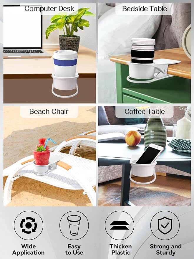 3PCS Drinking Cup Holder Clip, Kalolary Chair Desk Bottle Cup Stand DIY Glass Clamp Storage Saucer Clip for Potted Plant Beverage Soda Coffee Mug Holder Clip for Home & Office (White)