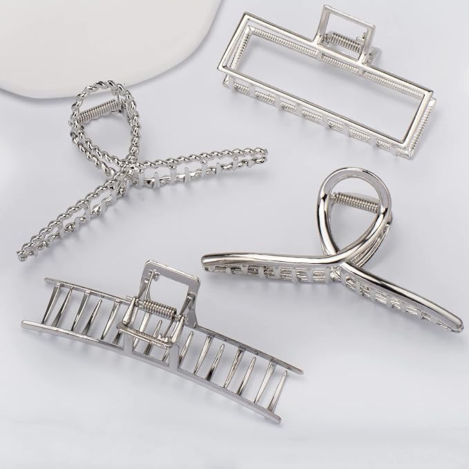 4 Pack Large Metal Hair Clips for Thin to Thick Curly Hair, 4.3 Inch Big Nonslip Silver Color Clamps, Perfect Fashion Jaw Claw Hair Styling Accessories for Women and Girls