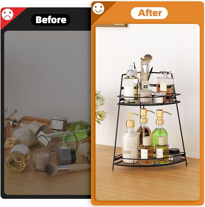 VITVITI 2 Tier Corner Bathroom Counter Organizer, Metal Bathroom Countertop Organizer Shelf Storage, Bath Room Sink Makeup Organizers for Vanity Perfume Skincare with Hooks, Black