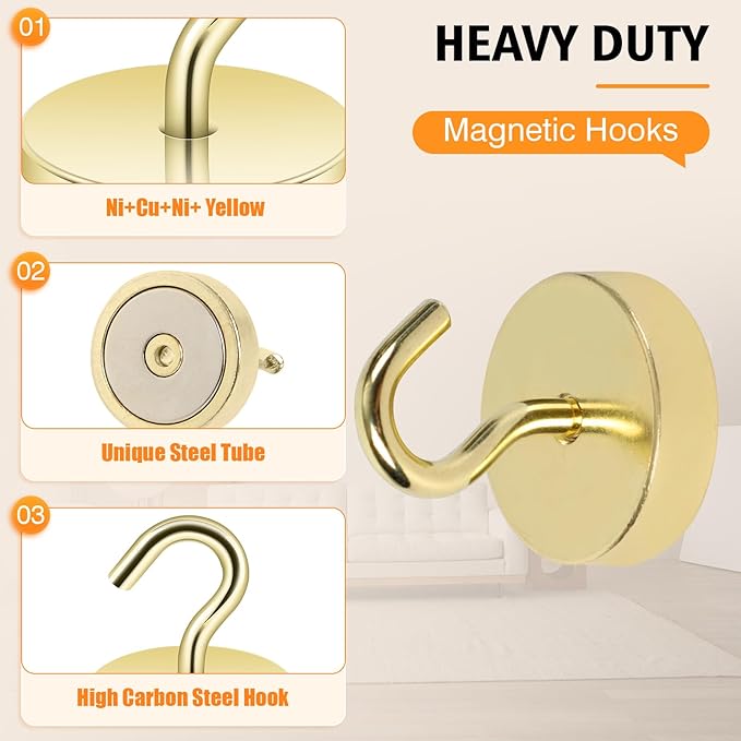 Neosmuk Magnetic Hooks, Cruise Ship Essentials, 80lb+ Heavy Duty Magnetic Hooks for Cruise Cabins, Refrigerator, Grill, Hanging, and Travel | Extra Strong Must-Haves Magnet Hook,Gold