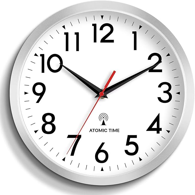 Atomic Wall Clock Analog 14 Inch Battery Operated Modern Decorative for Living Room Kitchen Office Bedroom Bathroom (Silver)