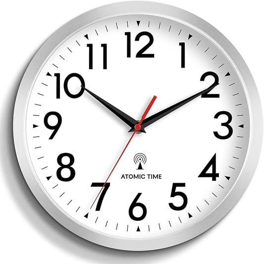 Atomic Wall Clock Analog 14 Inch Battery Operated Modern Decorative for Living Room Kitchen Office Bedroom Bathroom (Silver)