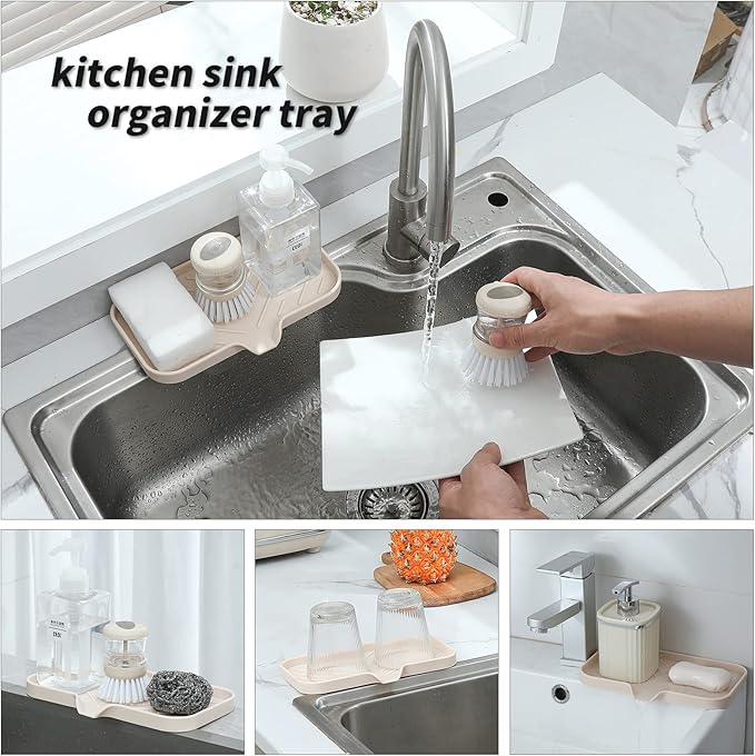 Silicone Bathroom Soap Dishes with Drain Spout-Bathroom and Kitchen Sink Organizer,Sponge Holder,Dish Soap Tray,Perfect for Dispenser,Scrubber,Bottle,Cup on Sink or Counter-Tapioca 9.6"×5.3"