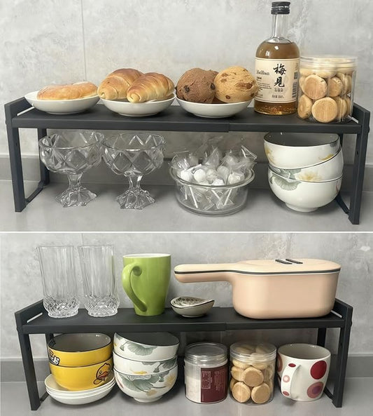 2 Pack Expandable Cabinet Shelf Organizer 16-26" L Stackable Kitchen Counter Shelves Rack Stand Sink Riser Countertop Storage Black (Narrow 5.1”D)
