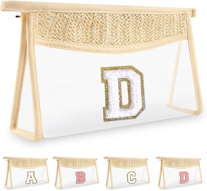 Personalized Initial Letter Bag Boho Straw Clear Makeup Bag, Small Cute Chenille Varsity Letter Bag With Zipper, Beach Travel Toiletry Bag, Portable Monogrammed Cosmetic Bag for Women Girls, D