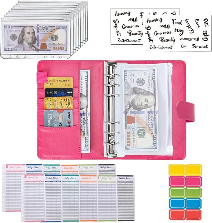 NICOOTHBudget Binder Cash Envelopes A6 Money Saving Binder with Zipper envelopes (Red)